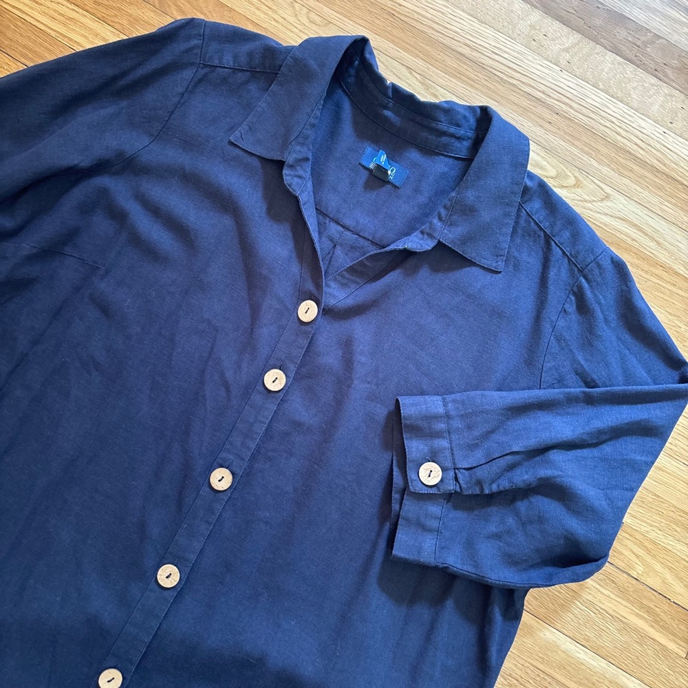 100% Linen Navy Blue Shirt Dress Women 1x‎ Coastal Resortwear D&Co Beach Minimal